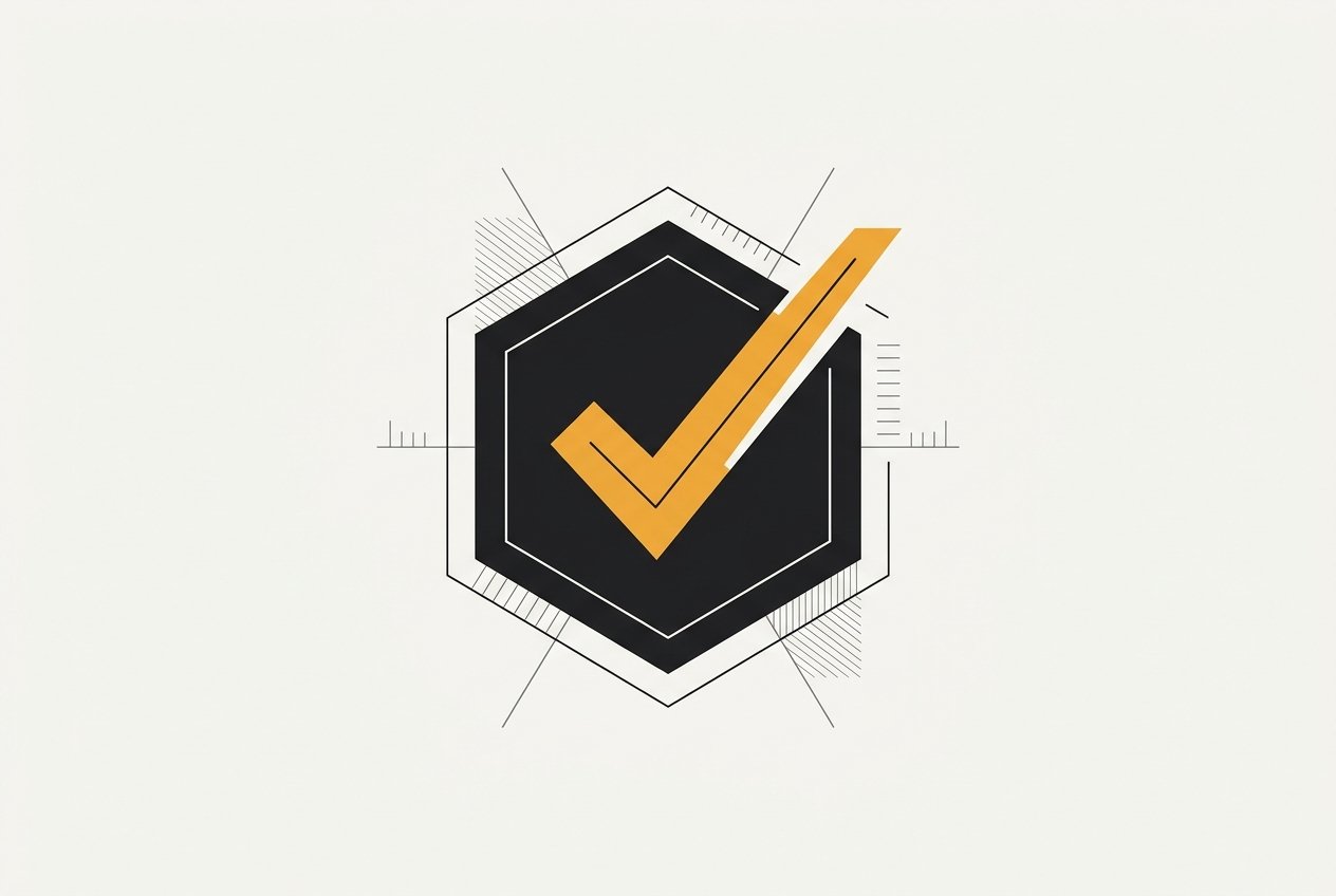 Abstract illustration of a hexagon badge with a checkmark, representing a clear verdict