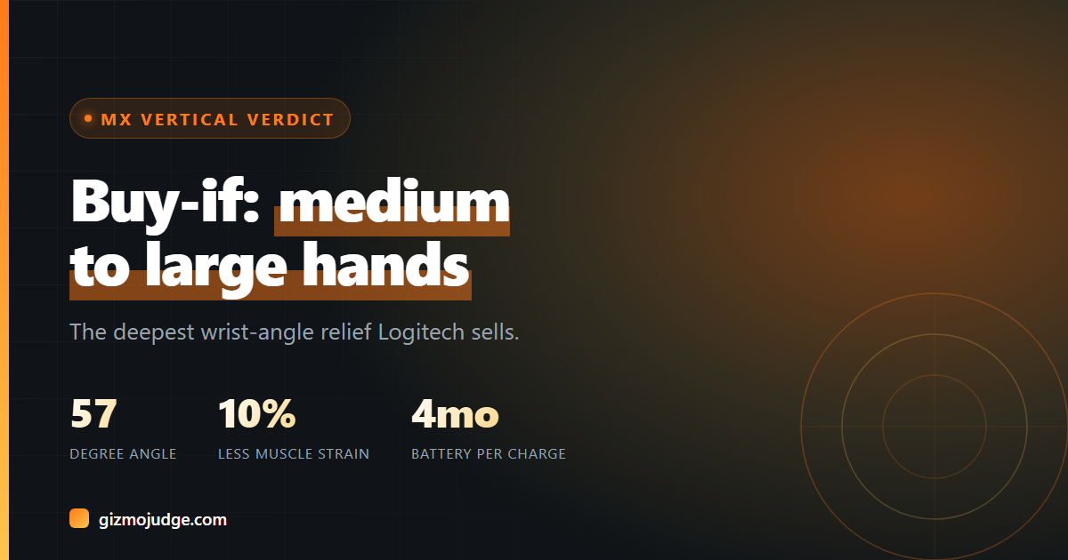 Card summarising the MX Vertical verdict: a 57 degree angle, 10 percent less muscular strain, and four months of battery per charge