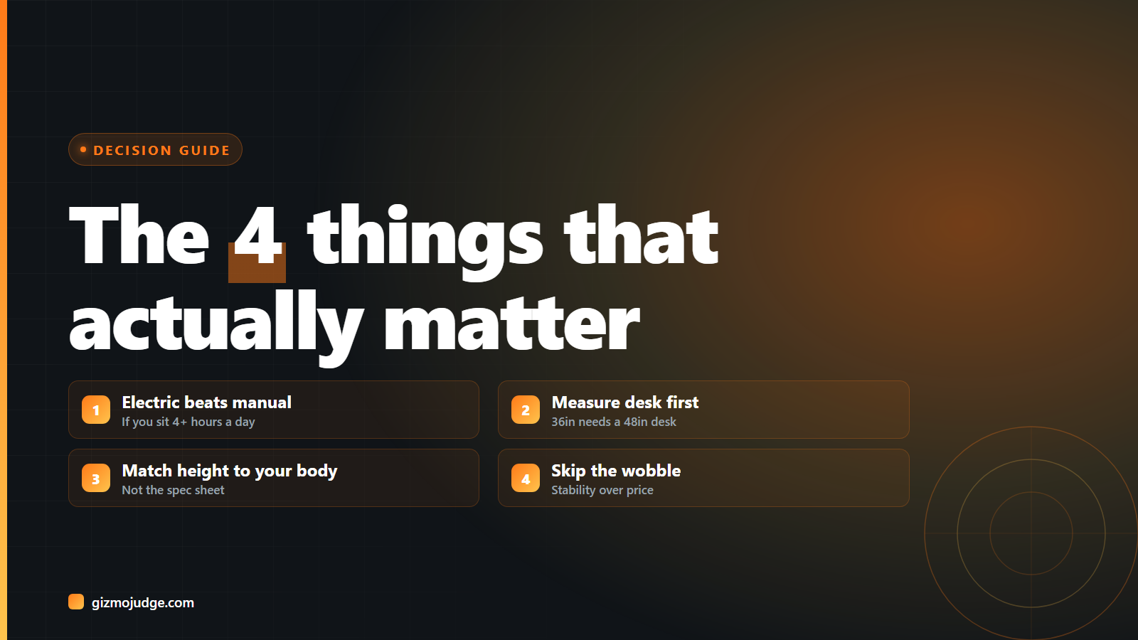 Decision guide card: the 4 things that actually matter when choosing a standing desk converter